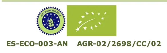 Sello de Agricultura Ecológica de Andalucía y logotipo ecológico de la UE. Organismo de control ES-ECO-003-AN, operador AGR-02/2698/CC/02